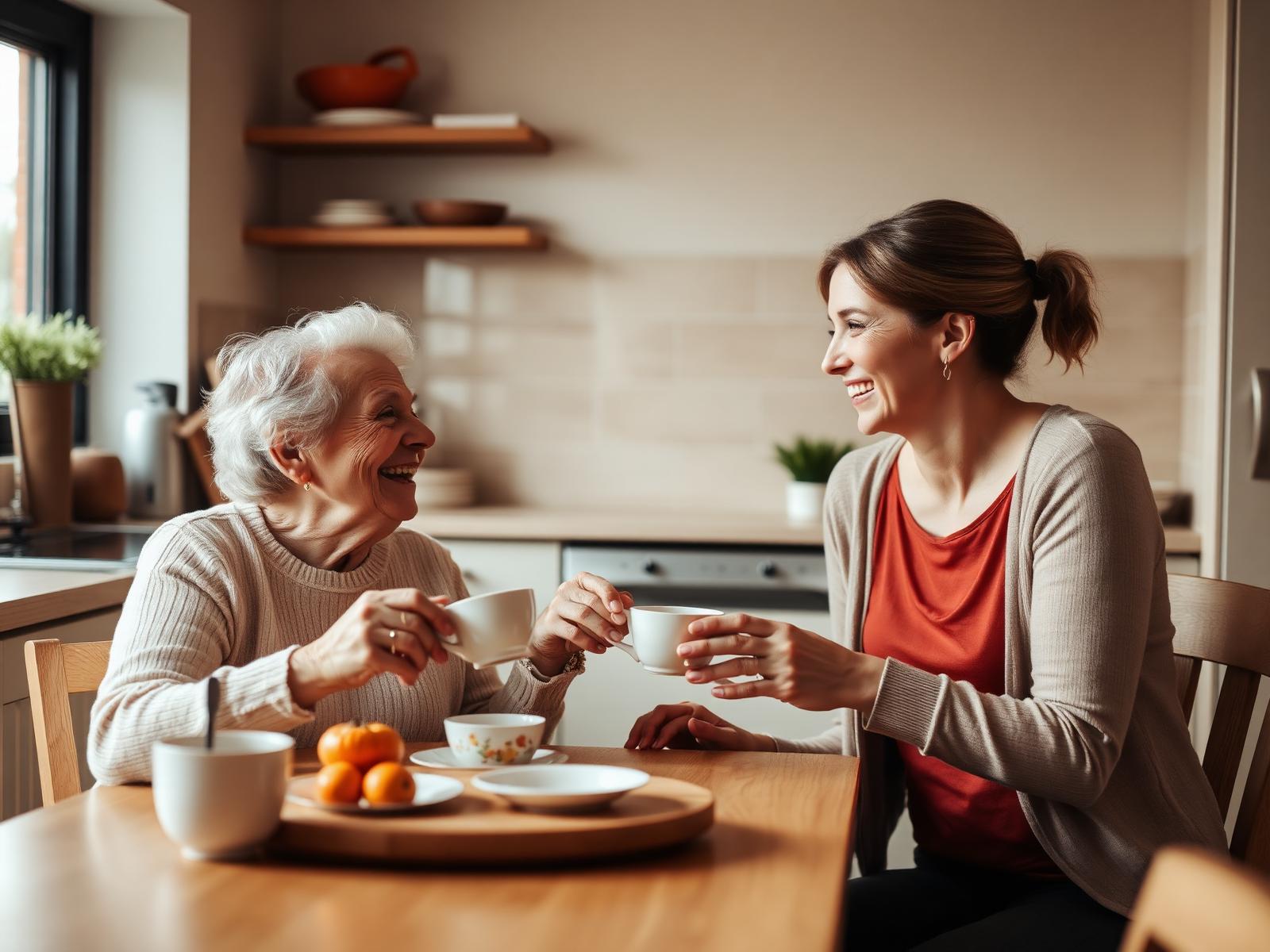 An older woman laughing over tea with her companion